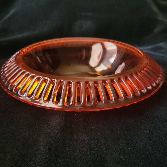Vtg US Glass Tiffin #8076 Tangerine Amberina Open Work Ribbon Console Bowl *Read - Picture 1 of 13